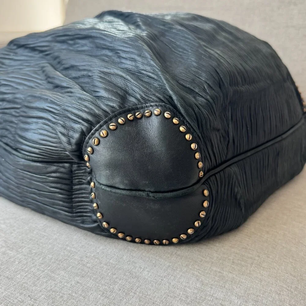 Burberry Prorsum Black Leather Crinkle Texture Large Tote Shoulder Hobo Bag Gold